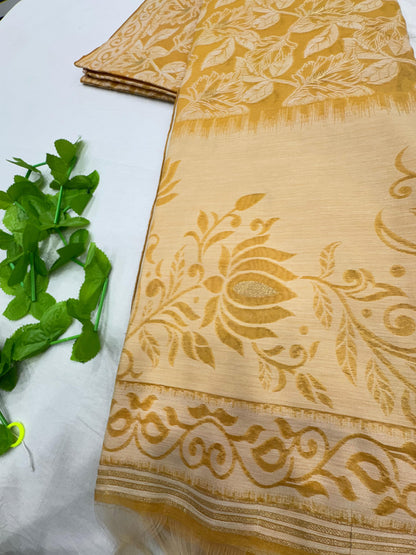 Premium Jamdani Weaving Mul Cotton Saree for Women | Soft Cotton Saree with Resham Weaving Pallu & Floral Jal Design | Traditional Saree with Running Blouse Piece