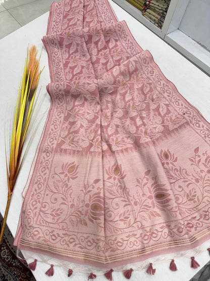 Premium Jamdani Weaving Mul Cotton Saree for Women | Soft Cotton Saree with Resham Weaving Pallu & Floral Jal Design | Traditional Saree with Running Blouse Piece