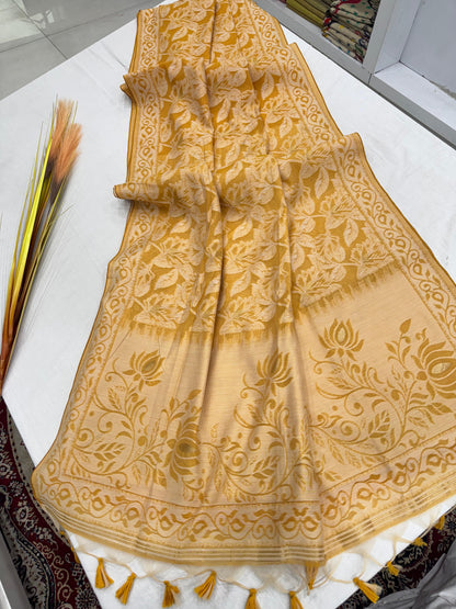 Premium Jamdani Weaving Mul Cotton Saree for Women | Soft Cotton Saree with Resham Weaving Pallu & Floral Jal Design | Traditional Saree with Running Blouse Piece