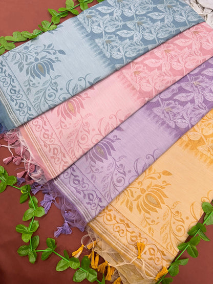 Premium Jamdani Weaving Mul Cotton Saree for Women | Soft Cotton Saree with Resham Weaving Pallu & Floral Jal Design | Traditional Saree with Running Blouse Piece