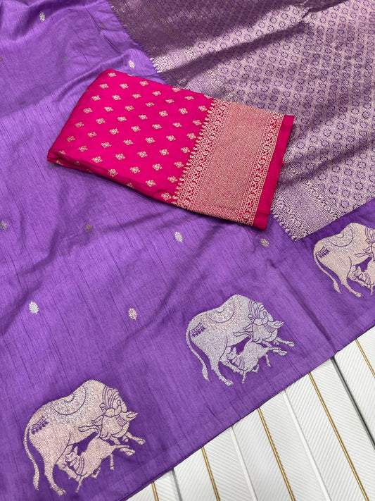 Premium Dola Silk Saree for Women | Heavy Weaving with Satin Effect Border & Zari Butta Design | Contrast Blouse with Zari Butti Work | Wedding & Festive Wear Saree