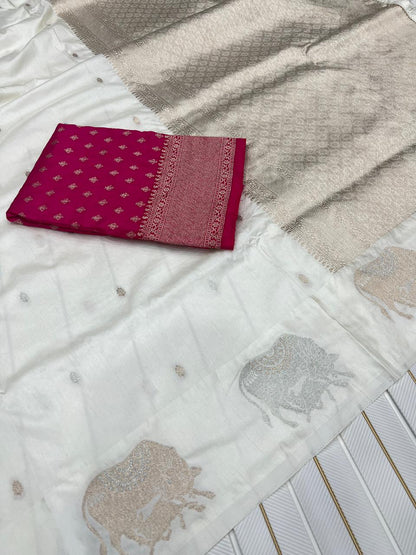 Premium Dola Silk Saree for Women | Heavy Weaving with Satin Effect Border & Zari Butta Design | Contrast Blouse with Zari Butti Work | Wedding & Festive Wear Saree