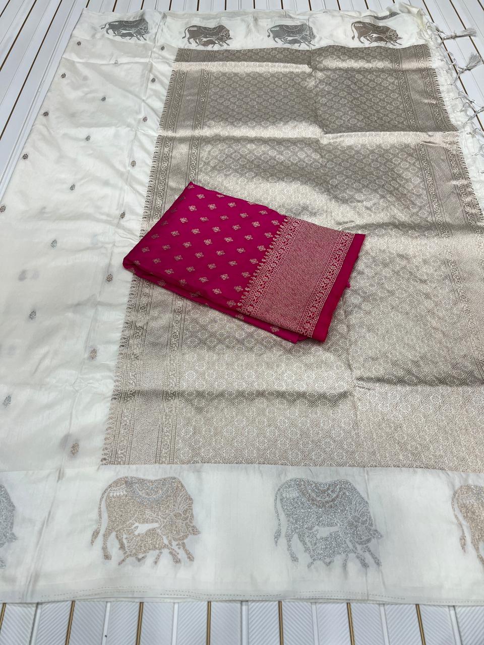 Premium Dola Silk Saree for Women | Heavy Weaving with Satin Effect Border & Zari Butta Design | Contrast Blouse with Zari Butti Work | Wedding & Festive Wear Saree