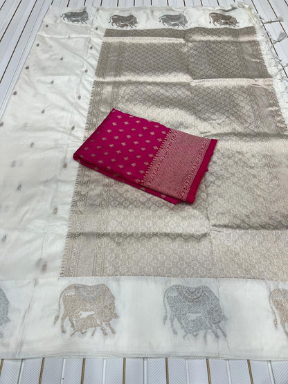 Premium Dola Silk Saree for Women | Heavy Weaving with Satin Effect Border & Zari Butta Design | Contrast Blouse with Zari Butti Work | Wedding & Festive Wear Saree