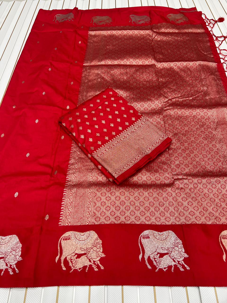 Premium Dola Silk Saree for Women | Heavy Weaving with Satin Effect Border & Zari Butta Design | Contrast Blouse with Zari Butti Work | Wedding & Festive Wear Saree