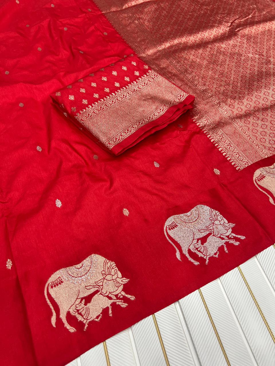 Premium Dola Silk Saree for Women | Heavy Weaving with Satin Effect Border & Zari Butta Design | Contrast Blouse with Zari Butti Work | Wedding & Festive Wear Saree