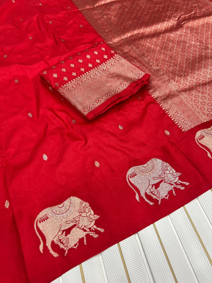 Premium Dola Silk Saree for Women | Heavy Weaving with Satin Effect Border & Zari Butta Design | Contrast Blouse with Zari Butti Work | Wedding & Festive Wear Saree