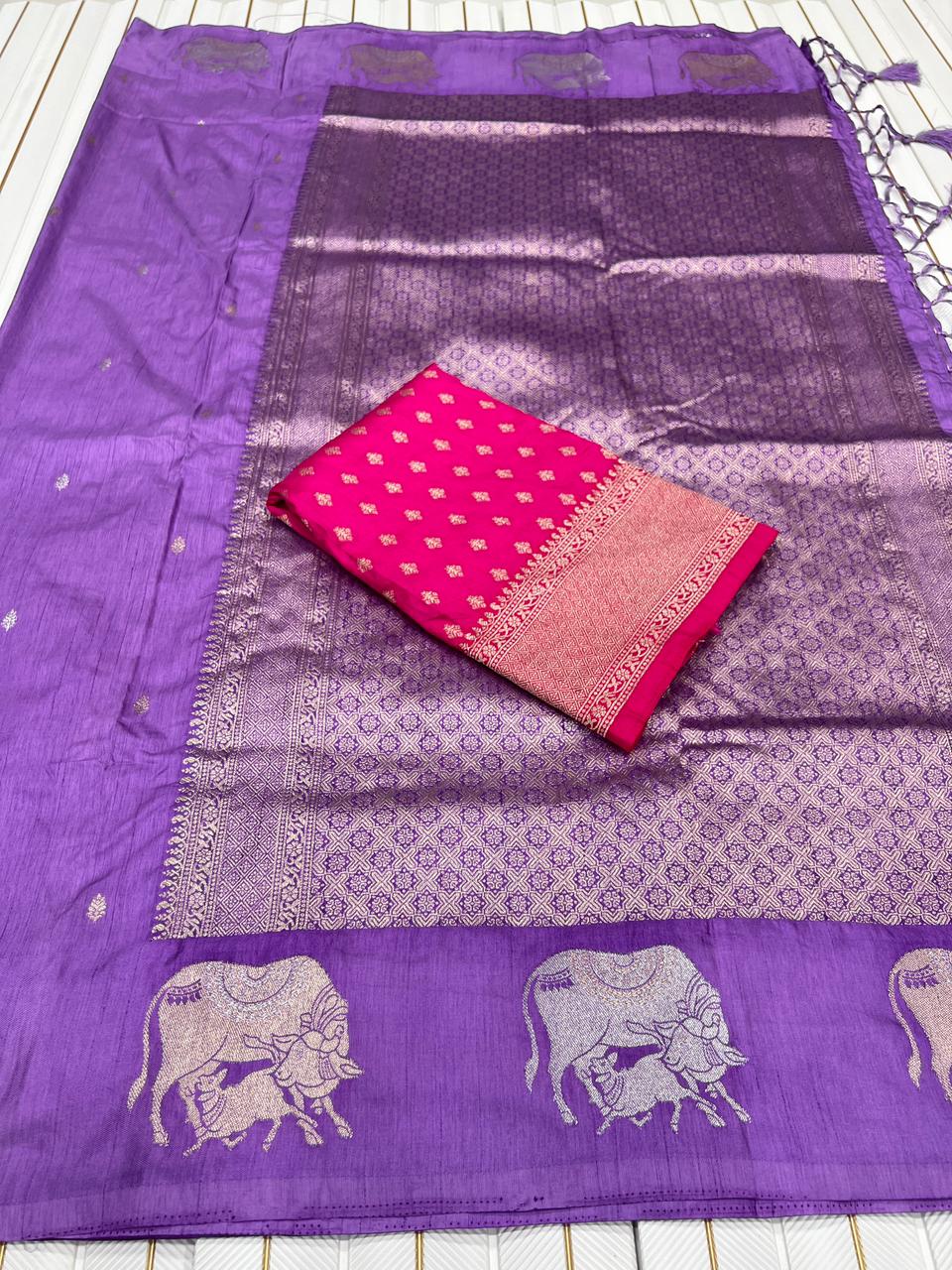 Premium Dola Silk Saree for Women | Heavy Weaving with Satin Effect Border & Zari Butta Design | Contrast Blouse with Zari Butti Work | Wedding & Festive Wear Saree