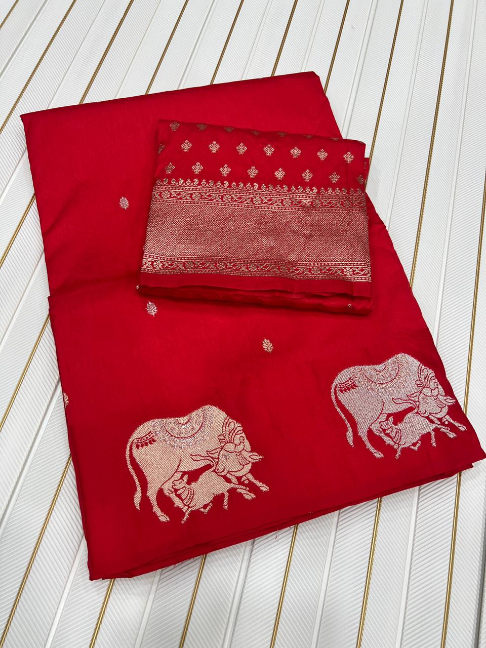 Premium Dola Silk Saree for Women | Heavy Weaving with Satin Effect Border & Zari Butta Design | Contrast Blouse with Zari Butti Work | Wedding & Festive Wear Saree