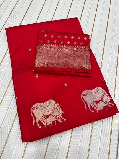 Premium Dola Silk Saree for Women | Heavy Weaving with Satin Effect Border & Zari Butta Design | Contrast Blouse with Zari Butti Work | Wedding & Festive Wear Saree