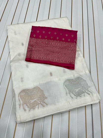 Premium Dola Silk Saree for Women | Heavy Weaving with Satin Effect Border & Zari Butta Design | Contrast Blouse with Zari Butti Work | Wedding & Festive Wear Saree