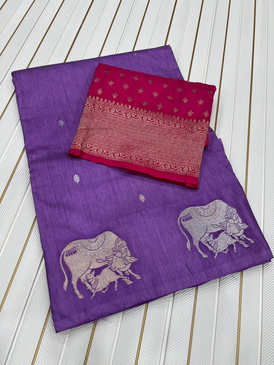 Premium Dola Silk Saree for Women | Heavy Weaving with Satin Effect Border & Zari Butta Design | Contrast Blouse with Zari Butti Work | Wedding & Festive Wear Saree