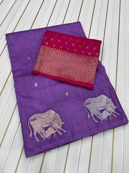 Premium Dola Silk Saree for Women | Heavy Weaving with Satin Effect Border & Zari Butta Design | Contrast Blouse with Zari Butti Work | Wedding & Festive Wear Saree