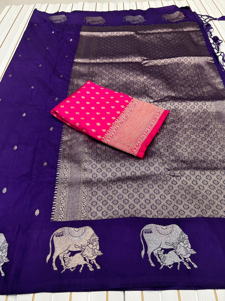 Premium Dola Silk Saree for Women | Heavy Weaving with Satin Effect Border & Zari Butta Design | Contrast Blouse with Zari Butti Work | Wedding & Festive Wear Saree