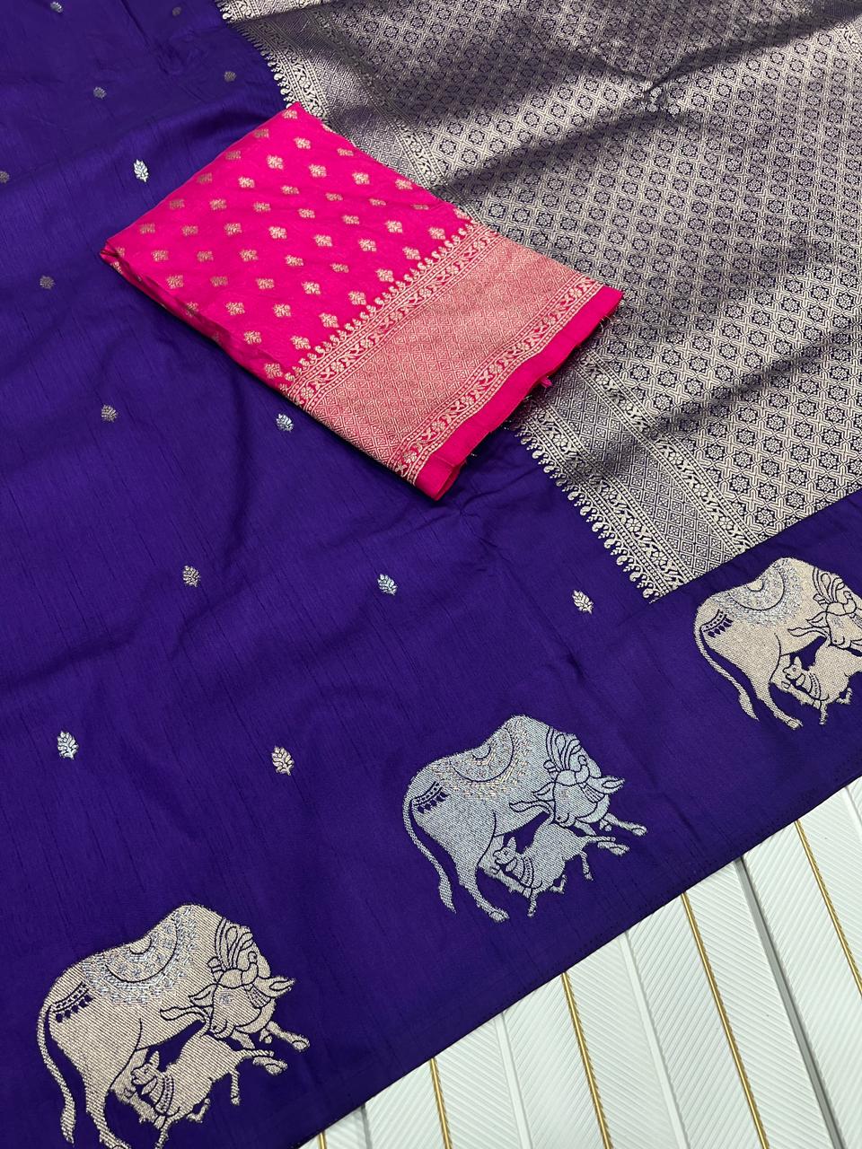 Premium Dola Silk Saree for Women | Heavy Weaving with Satin Effect Border & Zari Butta Design | Contrast Blouse with Zari Butti Work | Wedding & Festive Wear Saree