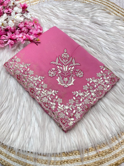 Bollywood Designer Chocolate Silk Saree for Women | C-Pallu Coding Embroidery & Foil Butta Work | Unstitched Mono Silk Blouse | Premium Party & Wedding Wear Saree