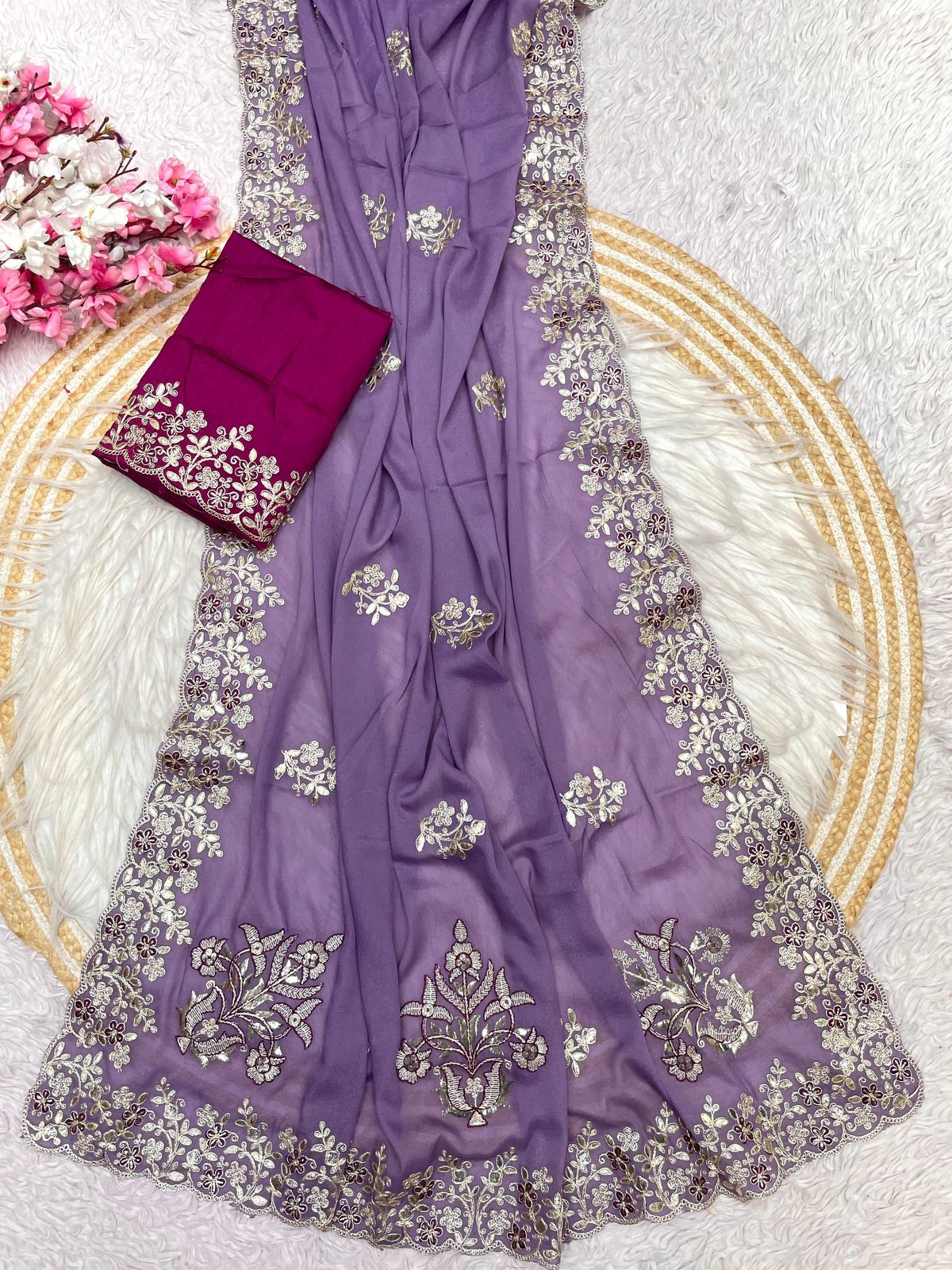 Bollywood Designer Chocolate Silk Saree for Women | C-Pallu Coding Embroidery & Foil Butta Work | Unstitched Mono Silk Blouse | Premium Party & Wedding Wear Saree