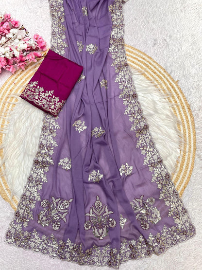 Bollywood Designer Chocolate Silk Saree for Women | C-Pallu Coding Embroidery & Foil Butta Work | Unstitched Mono Silk Blouse | Premium Party & Wedding Wear Saree