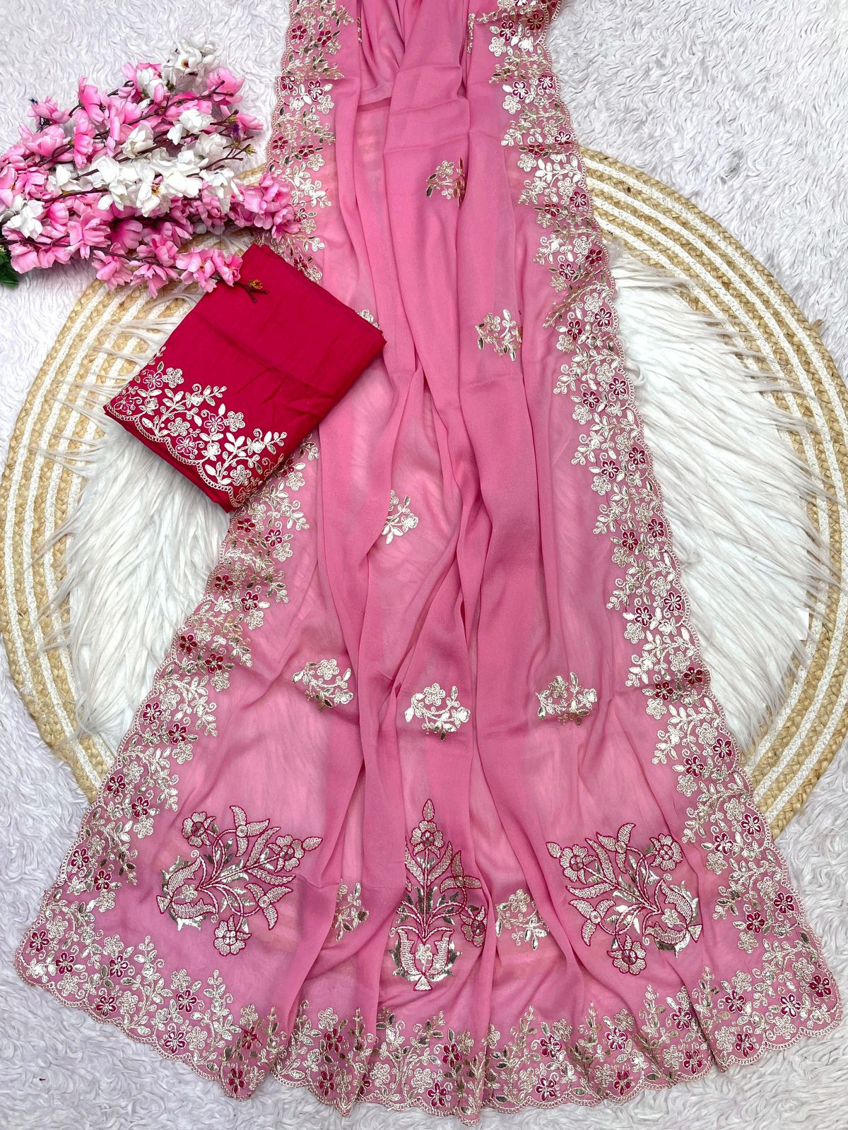 Bollywood Designer Chocolate Silk Saree for Women | C-Pallu Coding Embroidery & Foil Butta Work | Unstitched Mono Silk Blouse | Premium Party & Wedding Wear Saree