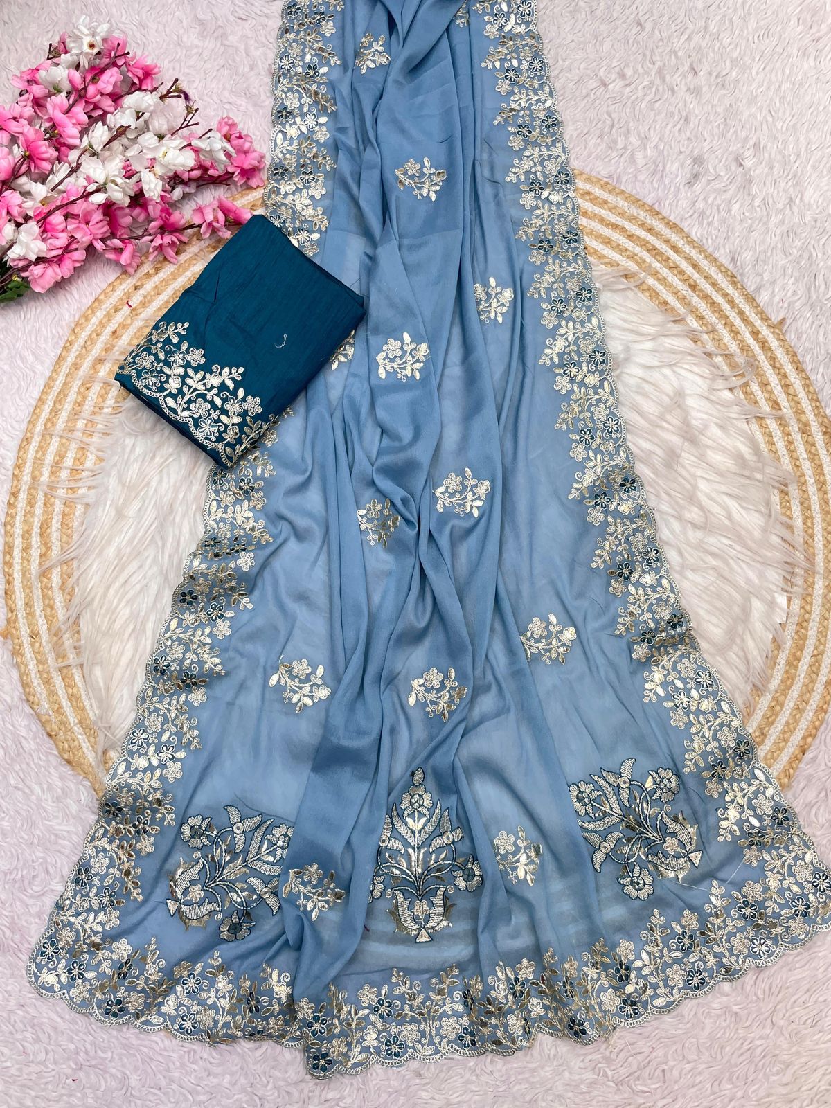 Bollywood Designer Chocolate Silk Saree for Women | C-Pallu Coding Embroidery & Foil Butta Work | Unstitched Mono Silk Blouse | Premium Party & Wedding Wear Saree