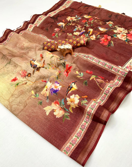 Kalamkari Linen Saree for Women | Soft Lightweight Linen with All-Over Batik Print | Digital Kalamkari Blouse & Rich Pallu with Tassels | Premium Traditional Saree