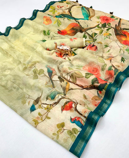 Kalamkari Linen Saree for Women | Soft Lightweight Linen with All-Over Batik Print | Digital Kalamkari Blouse & Rich Pallu with Tassels | Premium Traditional Saree