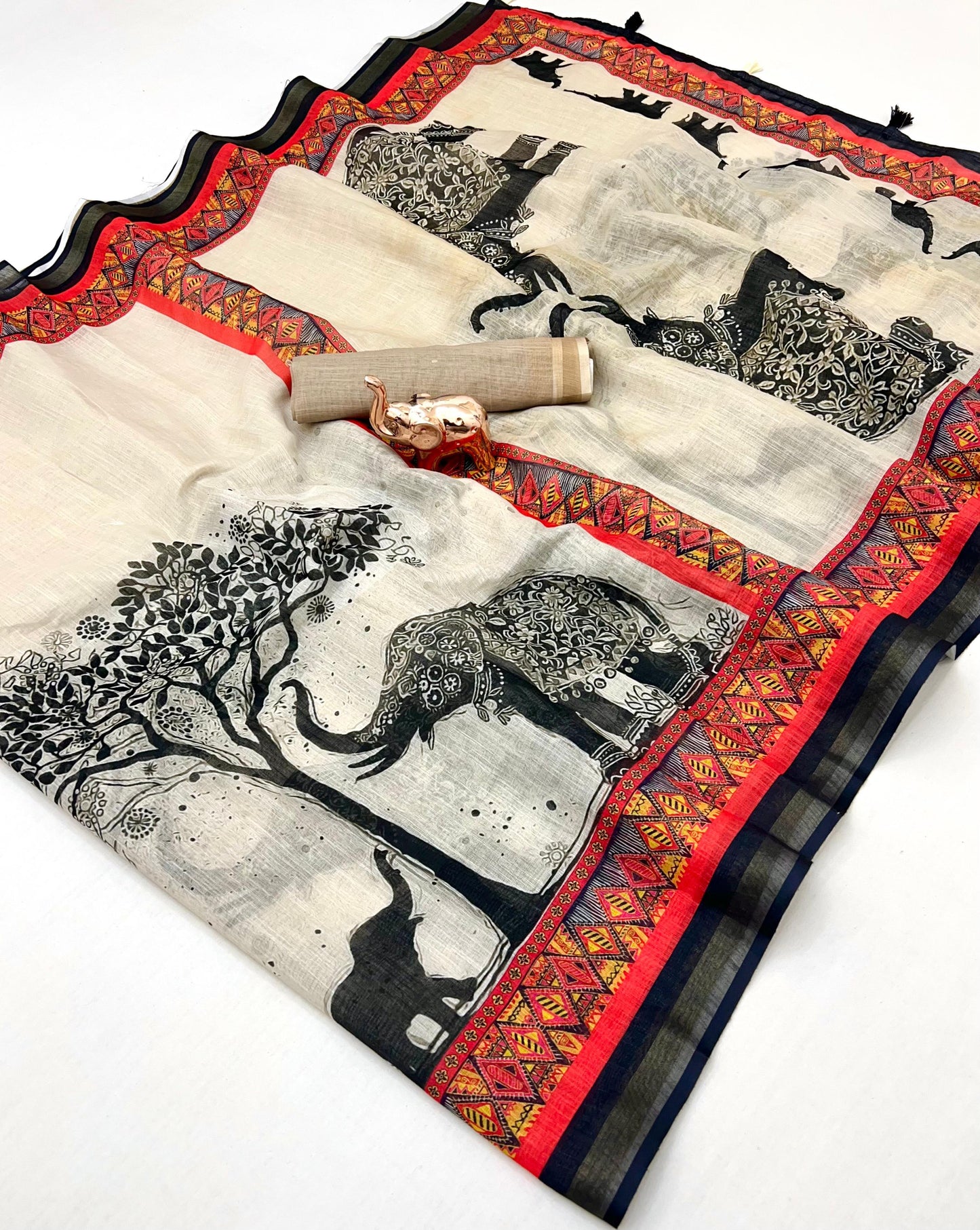 Kalamkari Linen Saree for Women | Soft Lightweight Linen with All-Over Batik Print | Digital Kalamkari Blouse & Rich Pallu with Tassels | Premium Traditional Saree