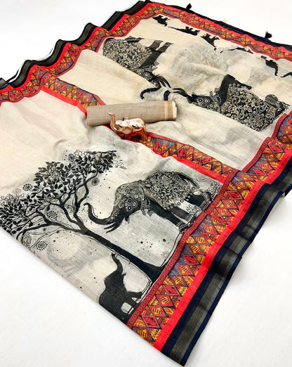 Kalamkari Linen Saree for Women | Soft Lightweight Linen with All-Over Batik Print | Digital Kalamkari Blouse & Rich Pallu with Tassels | Premium Traditional Saree