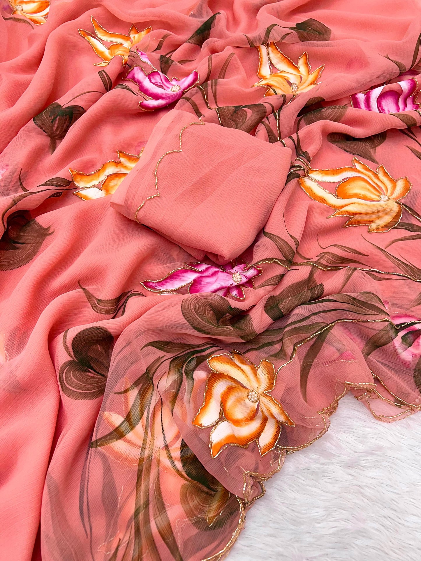 Pure Handwork Chiffon Saree – Elegant Lightweight Designer Collection