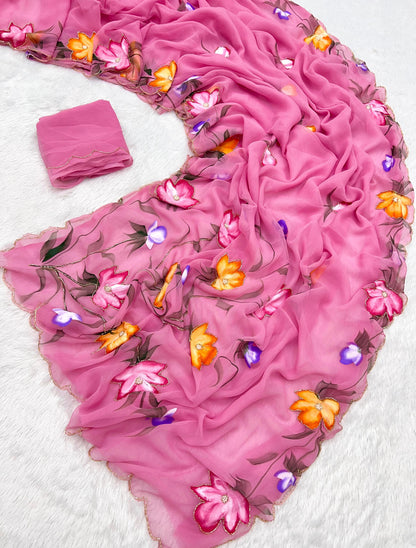 Pure Handwork Chiffon Saree – Elegant Lightweight Designer Collection