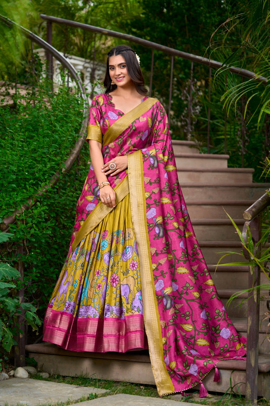 AKANKSHA Kalamkari Dola Silk Lehenga Choli Set
