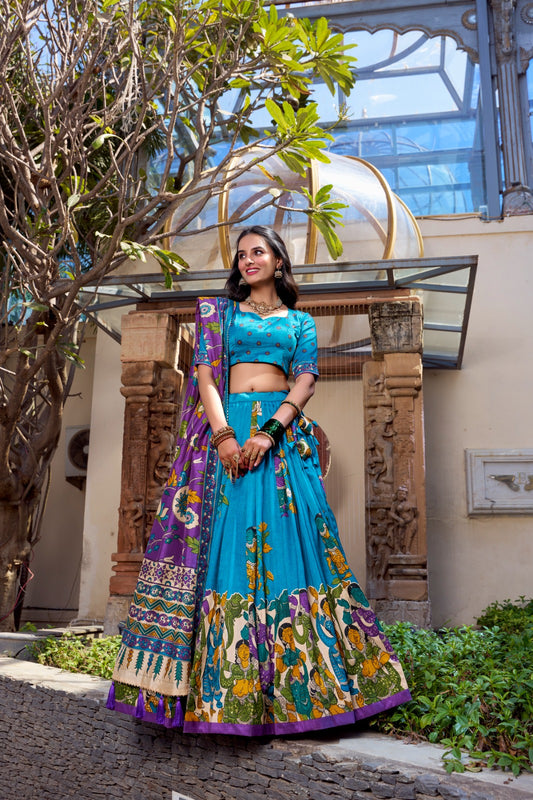 Tussar Silk Kalamkari Print Lehenga Choli with Dupatta – Elegant Designer