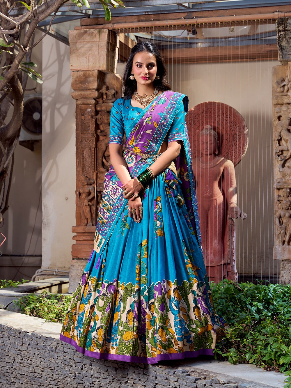 Tussar Silk Kalamkari Print Lehenga Choli with Dupatta – Elegant Designer