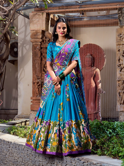 Tussar Silk Kalamkari Print Lehenga Choli with Dupatta – Elegant Designer
