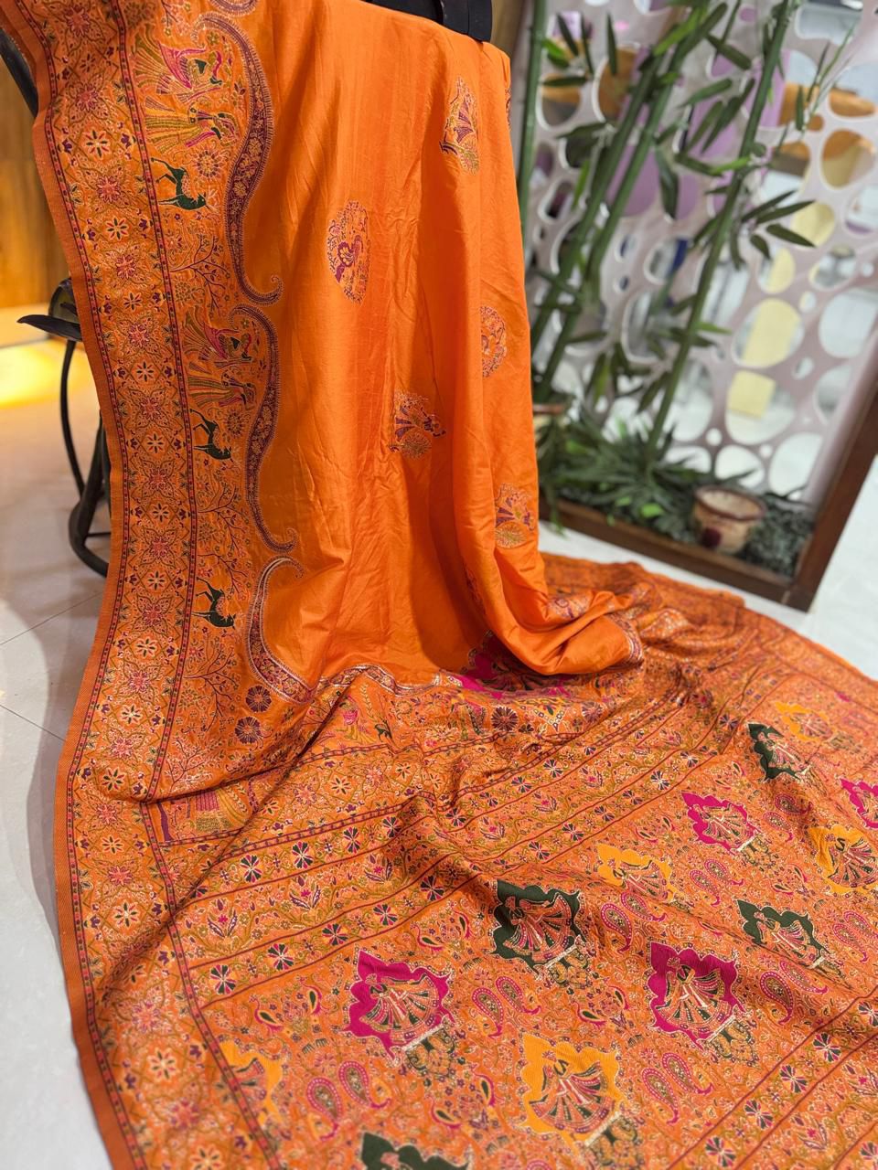 Pure Rajwadi Pashmina Silk Weaving Saree with Kashmiri Thread Work