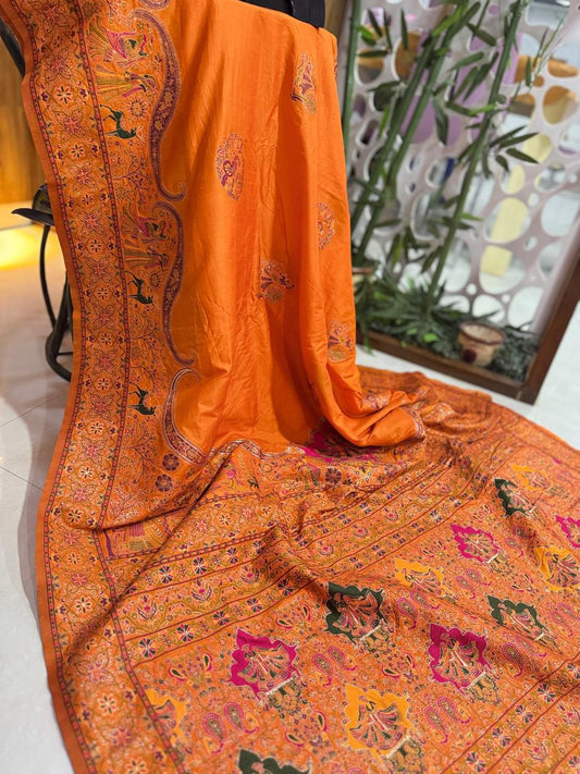 Pure Rajwadi Pashmina Silk Weaving Saree with Kashmiri Thread Work