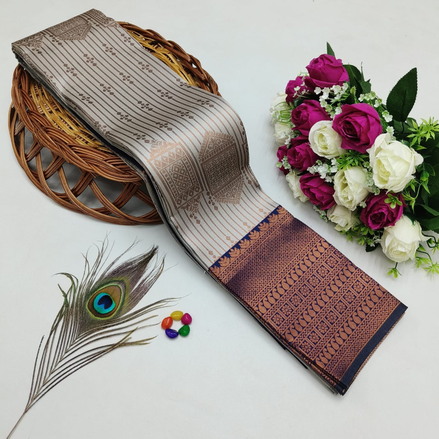 Silk Bridal Saree – 3D Embossed Weaving, Rose Gold Zari, Rich Pallu & Contrast Blouse | Premium Lightweight Wedding Saree