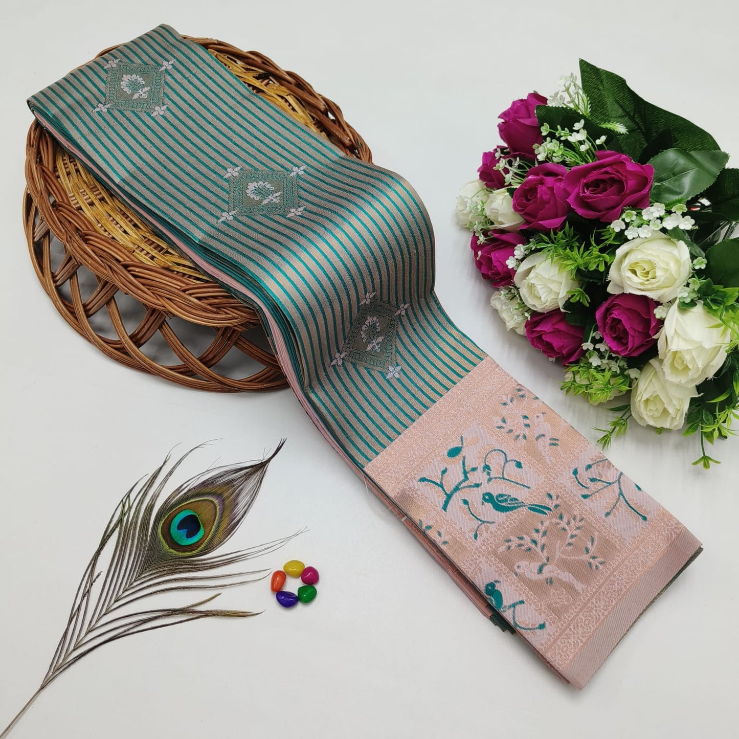 Silk Bridal Saree – 3D Embossed Weaving, Rose Gold Zari, Rich Pallu & Contrast Blouse | Premium Lightweight Wedding Saree