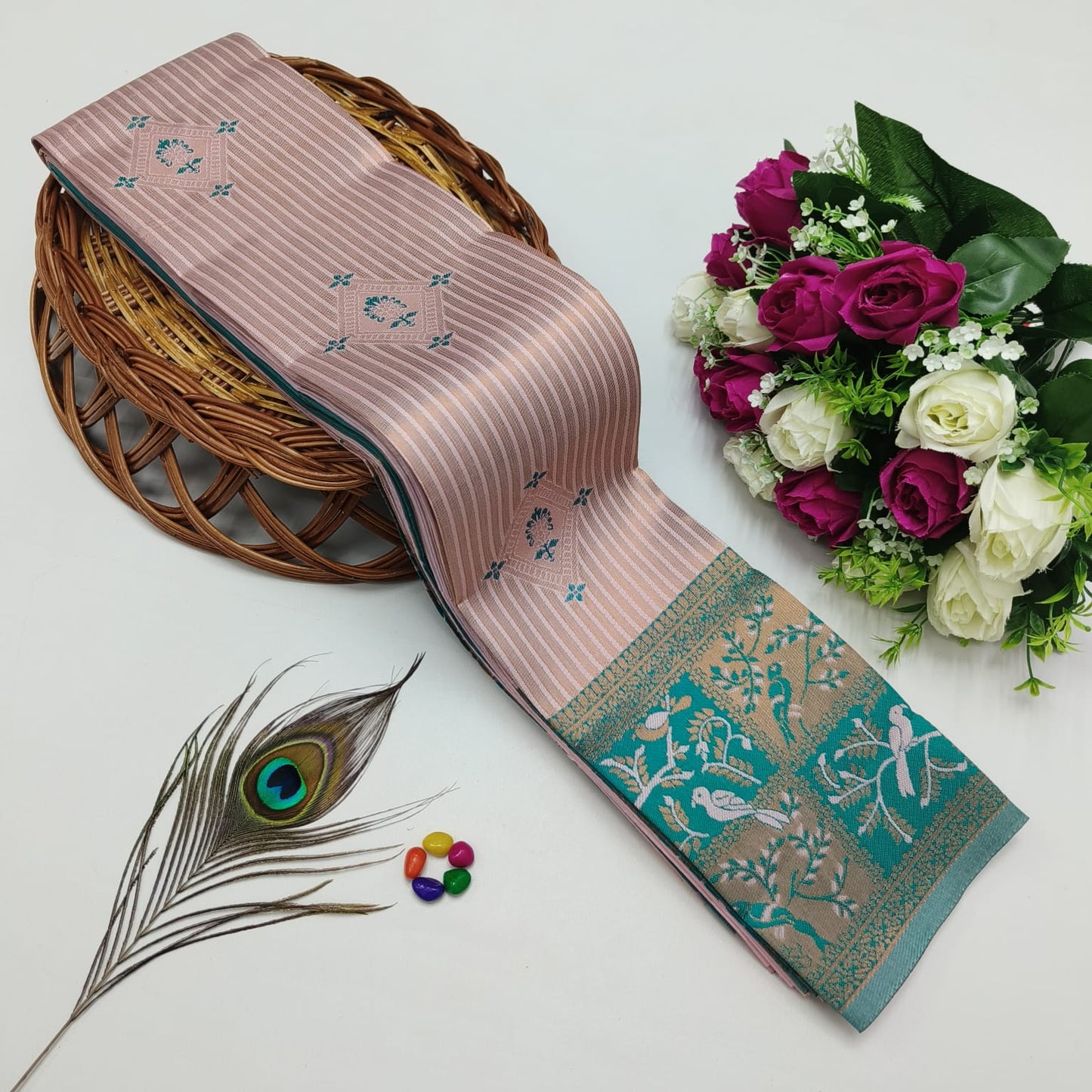 Silk Bridal Saree – 3D Embossed Weaving, Rose Gold Zari, Rich Pallu & Contrast Blouse | Premium Lightweight Wedding Saree