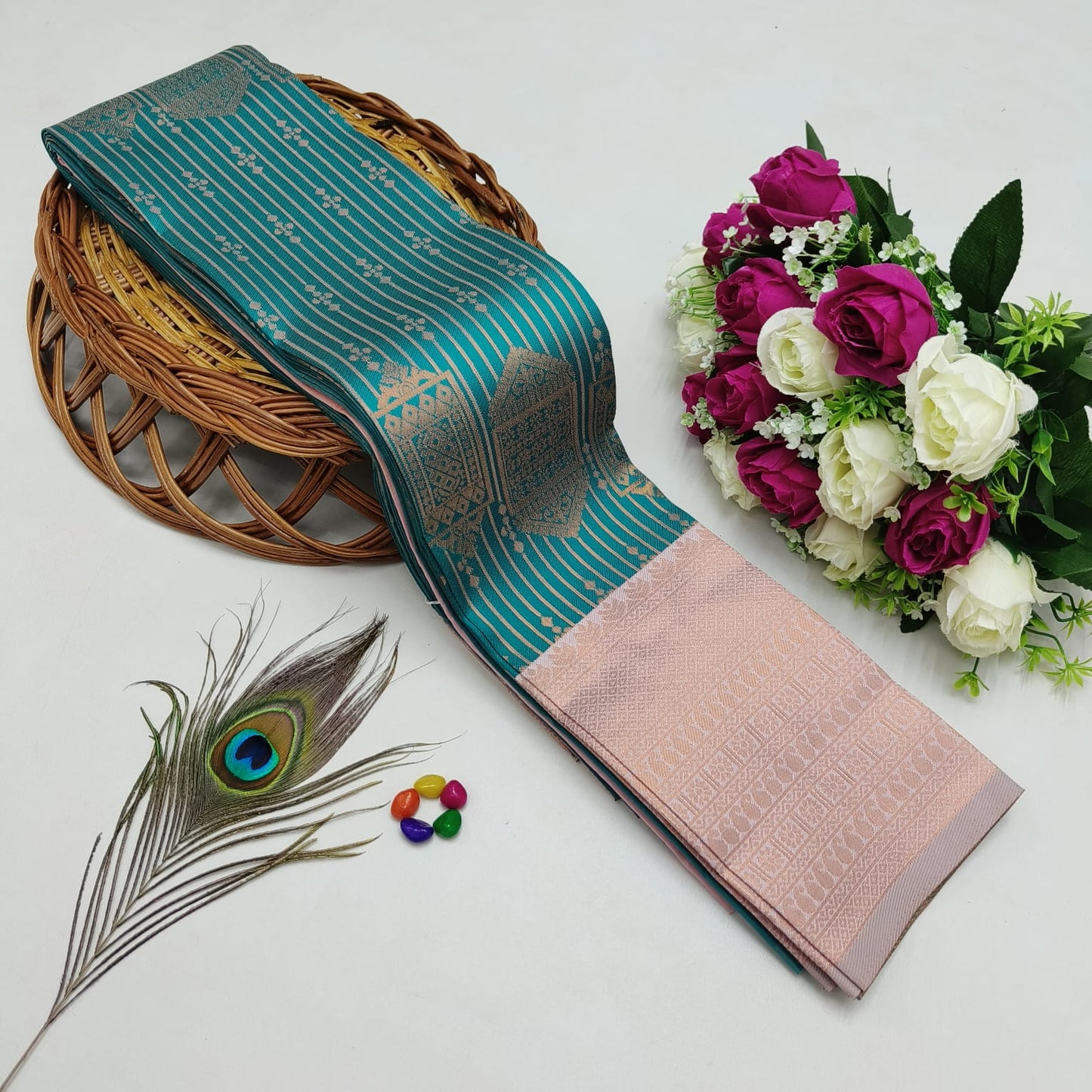 Silk Bridal Saree – 3D Embossed Weaving, Rose Gold Zari, Rich Pallu & Contrast Blouse | Premium Lightweight Wedding Saree