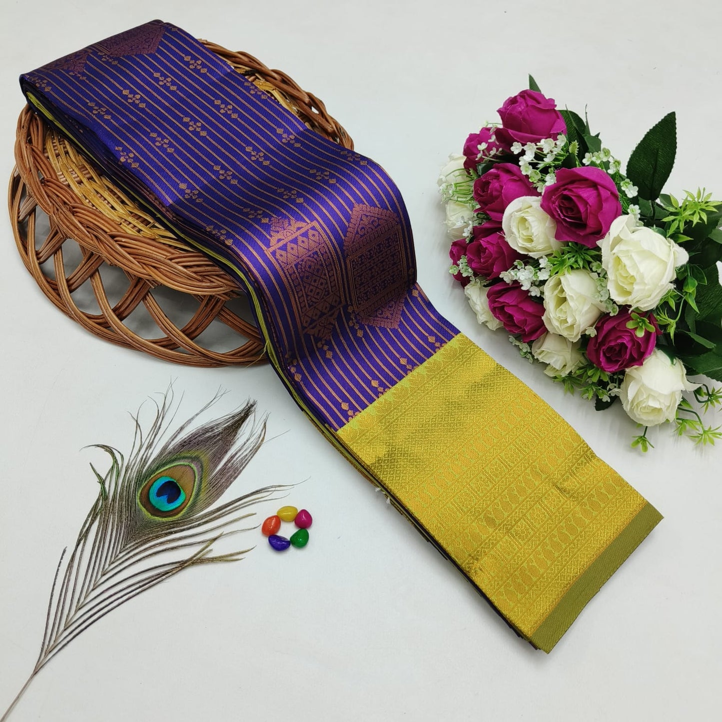 Silk Bridal Saree – 3D Embossed Weaving, Rose Gold Zari, Rich Pallu & Contrast Blouse | Premium Lightweight Wedding Saree