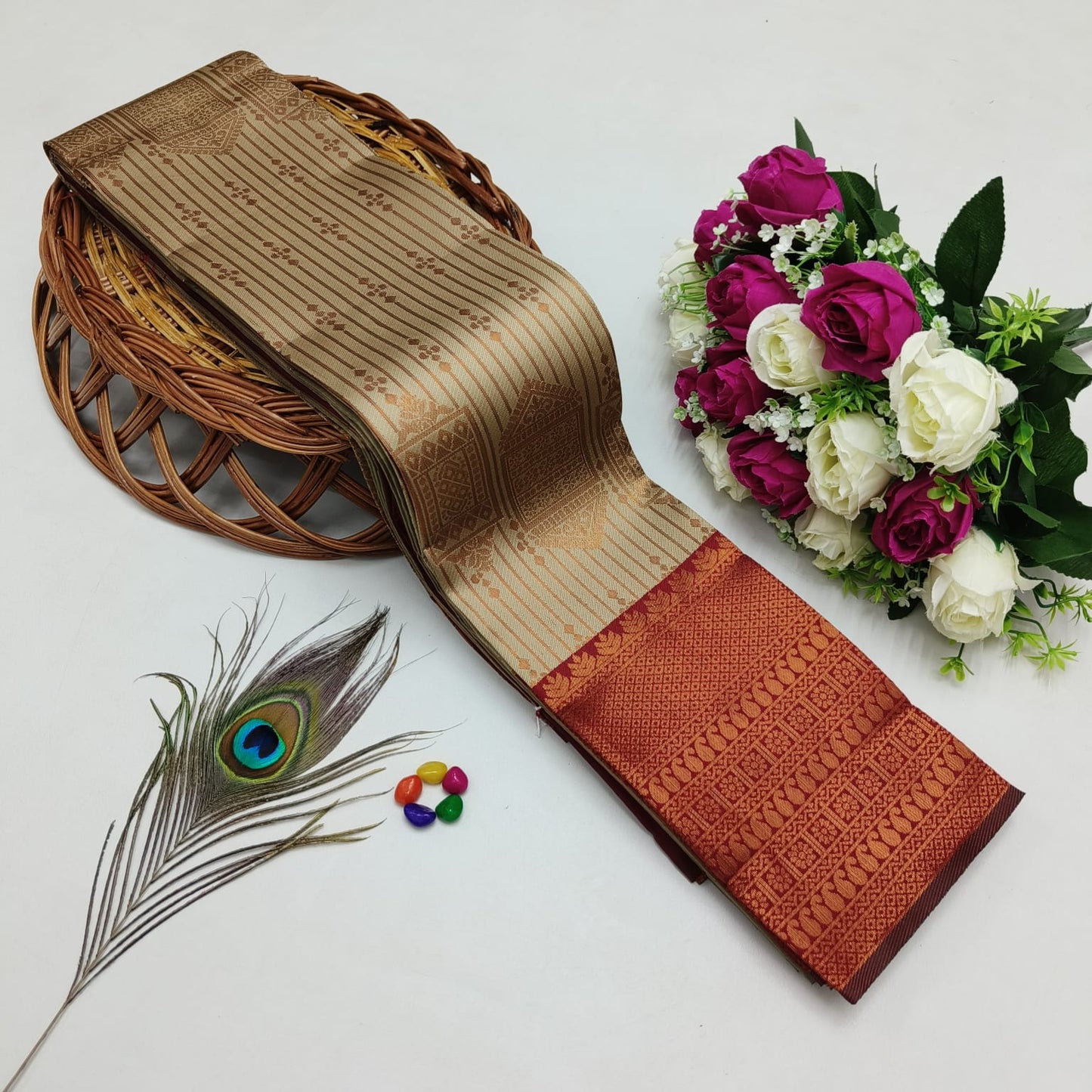 Silk Bridal Saree – 3D Embossed Weaving, Rose Gold Zari, Rich Pallu & Contrast Blouse | Premium Lightweight Wedding Saree