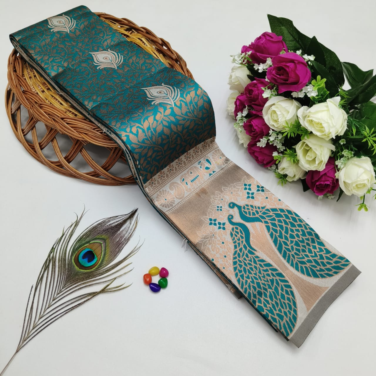 Silk Bridal Saree – 3D Embossed Weaving, Rose Gold Zari, Rich Pallu & Contrast Blouse | Premium Lightweight Wedding Saree