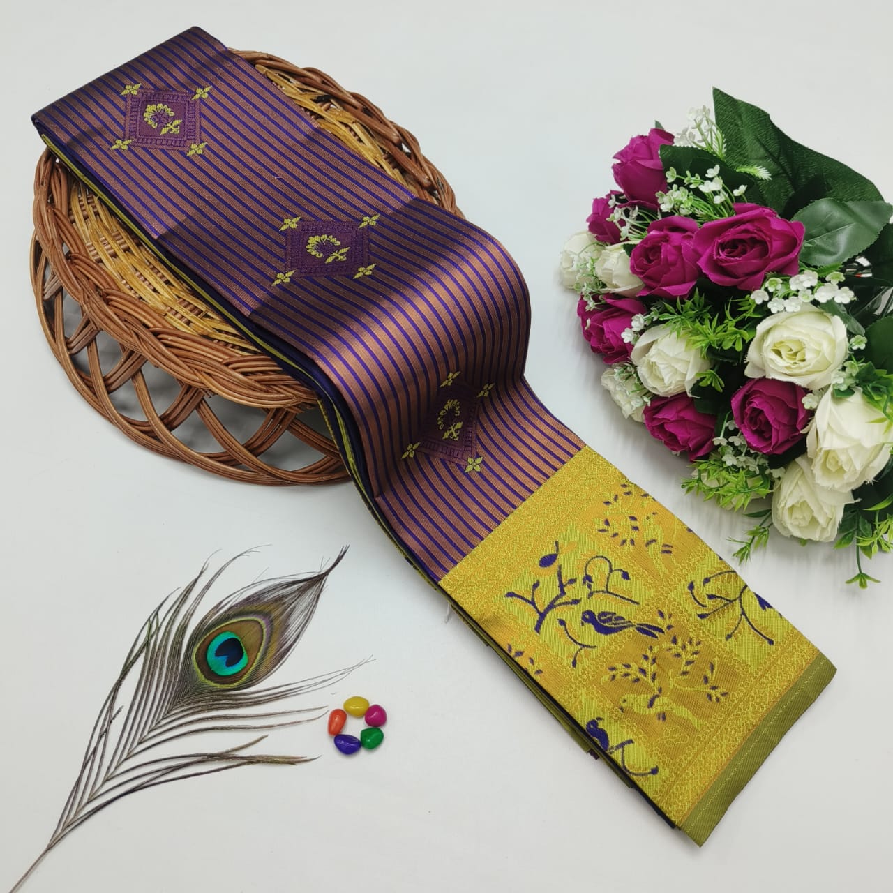 Silk Bridal Saree – 3D Embossed Weaving, Rose Gold Zari, Rich Pallu & Contrast Blouse | Premium Lightweight Wedding Saree