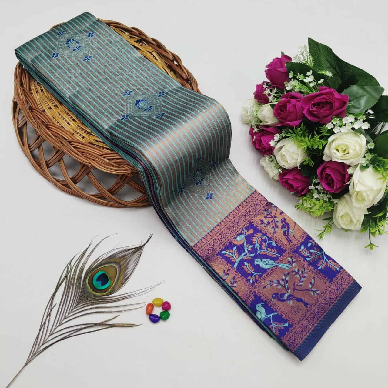 Silk Bridal Saree – 3D Embossed Weaving, Rose Gold Zari, Rich Pallu & Contrast Blouse | Premium Lightweight Wedding Saree