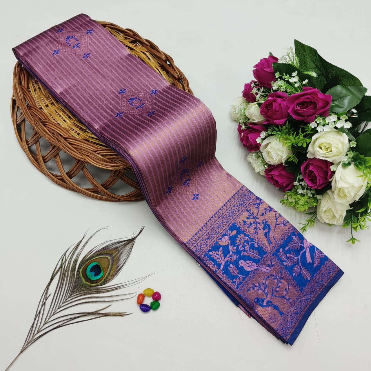 Silk Bridal Saree – 3D Embossed Weaving, Rose Gold Zari, Rich Pallu & Contrast Blouse | Premium Lightweight Wedding Saree