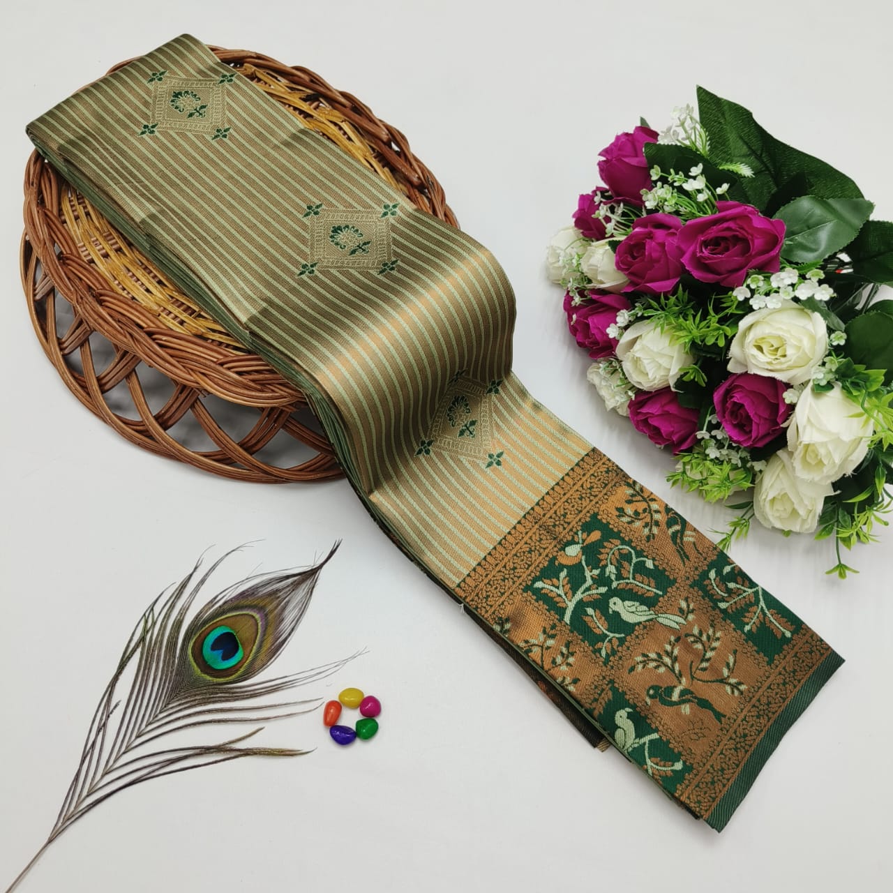 Silk Bridal Saree – 3D Embossed Weaving, Rose Gold Zari, Rich Pallu & Contrast Blouse | Premium Lightweight Wedding Saree