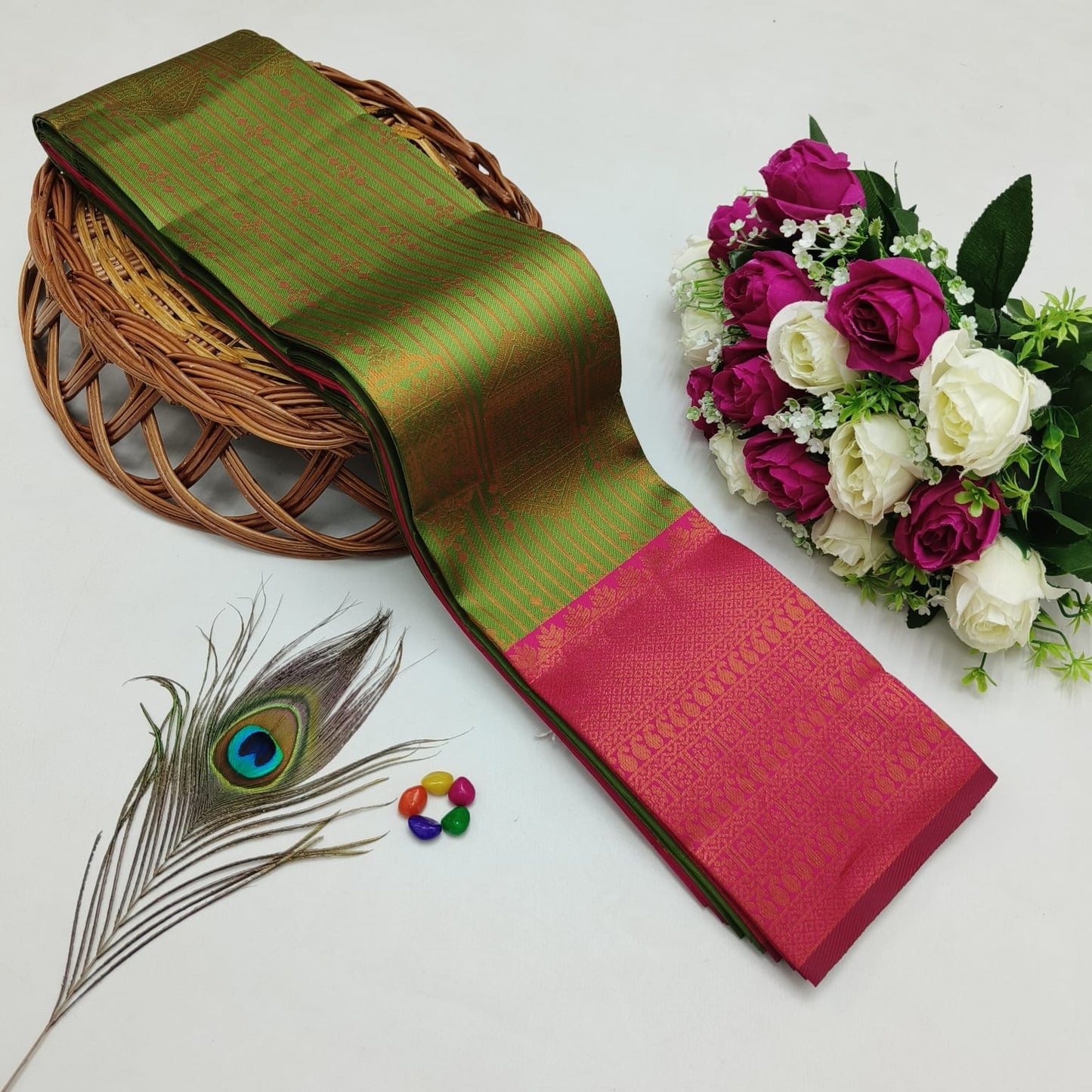 Silk Bridal Saree – 3D Embossed Weaving, Rose Gold Zari, Rich Pallu & Contrast Blouse | Premium Lightweight Wedding Saree