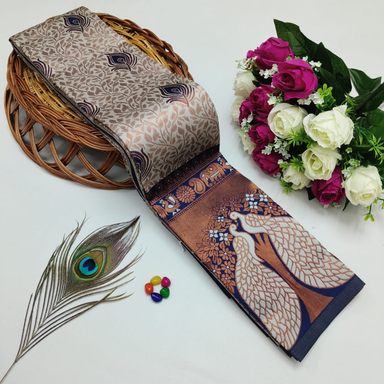 Silk Bridal Saree – 3D Embossed Weaving, Rose Gold Zari, Rich Pallu & Contrast Blouse | Premium Lightweight Wedding Saree