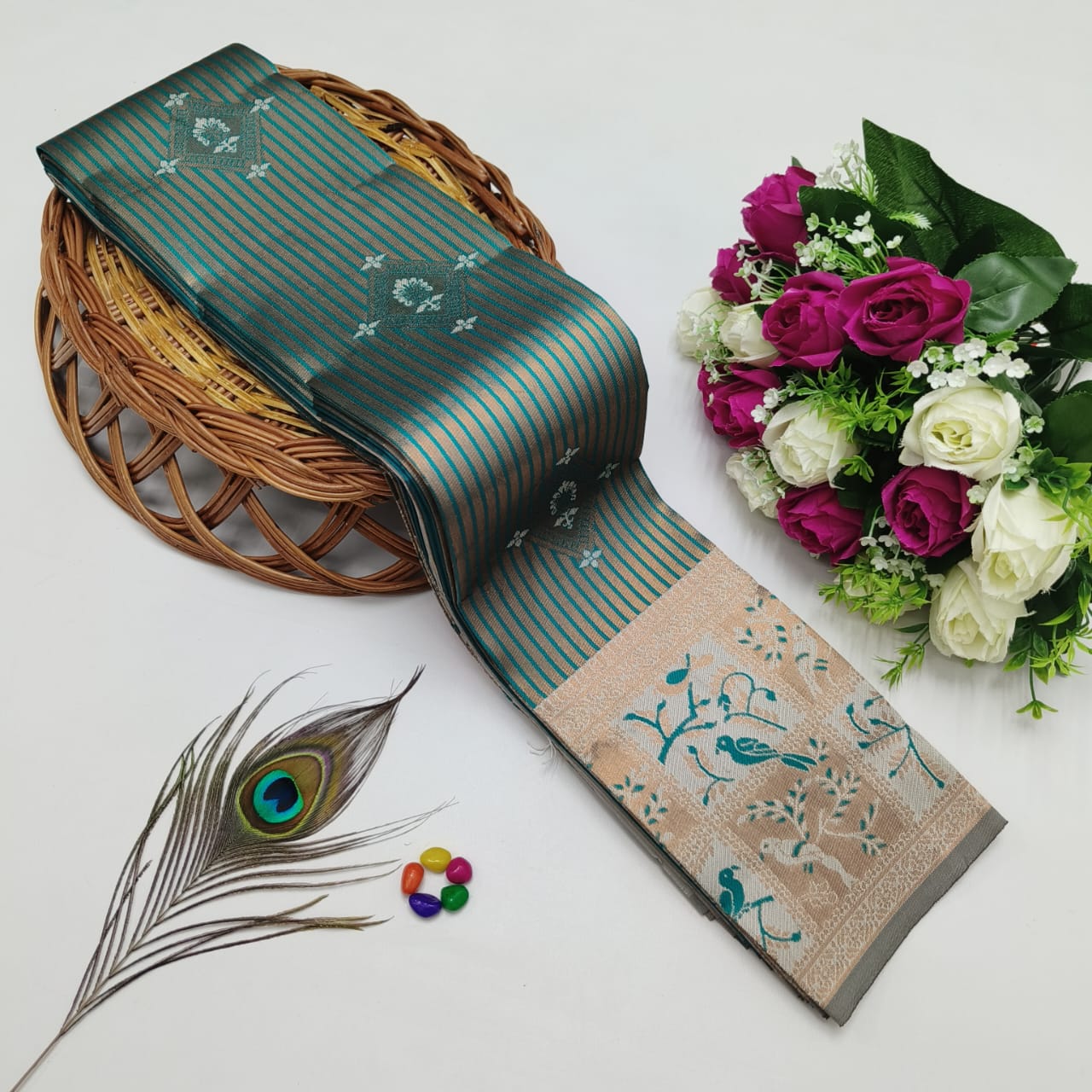 Silk Bridal Saree – 3D Embossed Weaving, Rose Gold Zari, Rich Pallu & Contrast Blouse | Premium Lightweight Wedding Saree